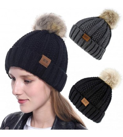 Skullies & Beanies Beanies Hats Women Faux Fuzzy Fur Pom Poms Warm Cable Knit Hat for Winter Thick Crochet Skully Cap - CX18Z...