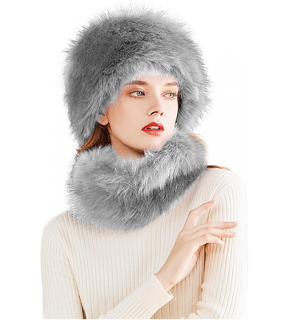 Skullies & Beanies Faux Fur Women Russian Cossack Style Hat-Scarf Set for Ladies - Grey - CJ18IWC4704 $19.53