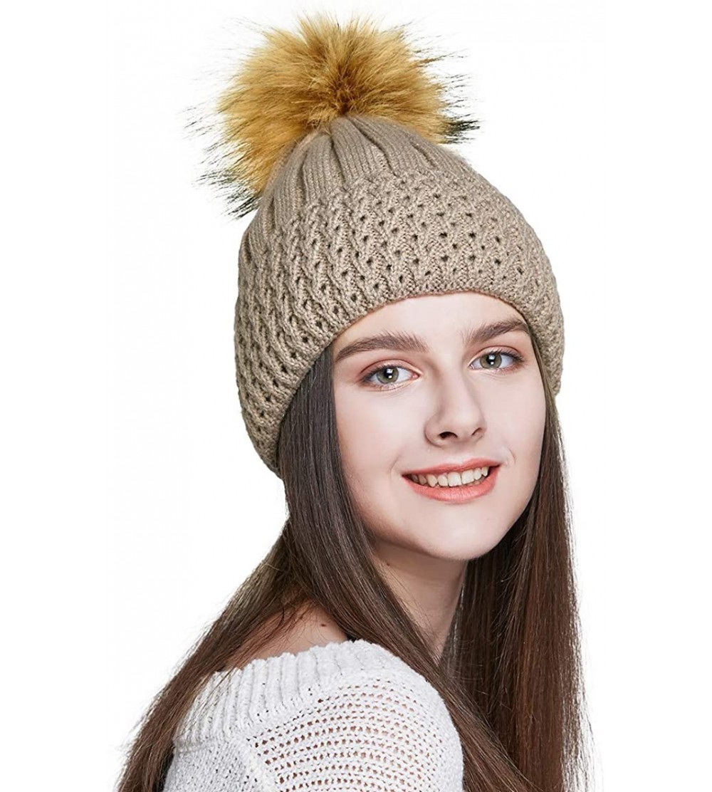 Skullies & Beanies Winter Hats for Women Fur Pom Pom Hats Knitted Cuff Bobble Beanie Warm Wool Ski Cap - C918AZQUDXC $11.81