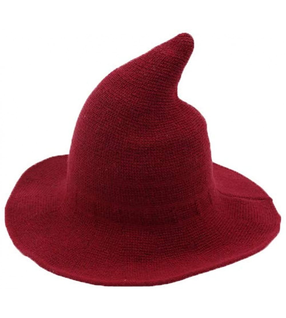 Skullies & Beanies Modern Witch Hat Women Wide Brim Spire Knitted Cap Halloween Cosplay Felt Hat Flat Wool Costume - Red - CY...