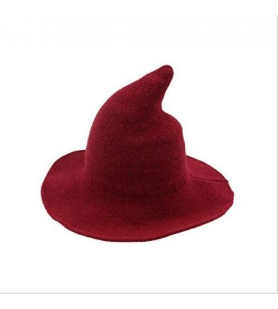 Skullies & Beanies Modern Witch Hat Women Wide Brim Spire Knitted Cap Halloween Cosplay Felt Hat Flat Wool Costume - Red - CY...