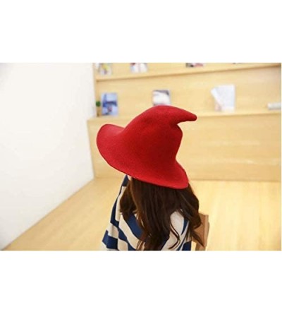 Skullies & Beanies Modern Witch Hat Women Wide Brim Spire Knitted Cap Halloween Cosplay Felt Hat Flat Wool Costume - Red - CY...