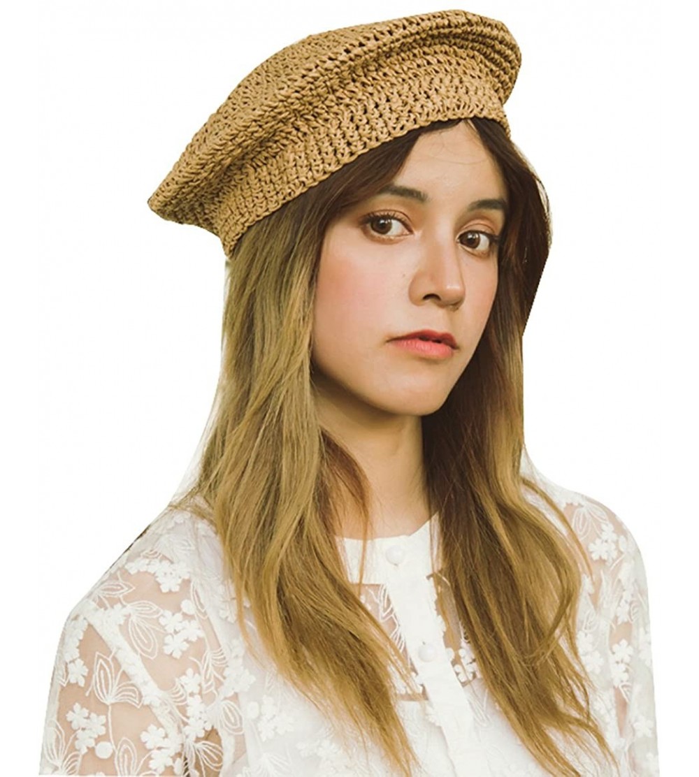 Berets Straw Beret Solid Plain Flat Top Woven Berets French Style Painters Hat Cap - Khaki - C818EMWKD68 $13.24