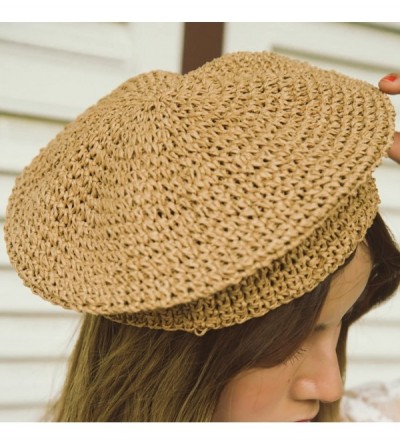 Berets Straw Beret Solid Plain Flat Top Woven Berets French Style Painters Hat Cap - Khaki - C818EMWKD68 $13.24