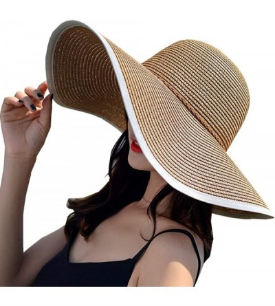 Sun Hats Women's Foldable Wide-Brimmed Beach Hat Summer Sun Beach Hat - Brown White - CP18N9G64H9 $18.77