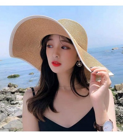 Sun Hats Women's Foldable Wide-Brimmed Beach Hat Summer Sun Beach Hat - Brown White - CP18N9G64H9 $18.77