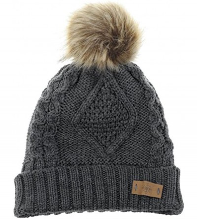Skullies & Beanies Women's Fleece Lined Knitted Slouchy Faux Fur Pom Pom Cable Beanie Cap Hat - Grey - C8128KIATUP $11.03