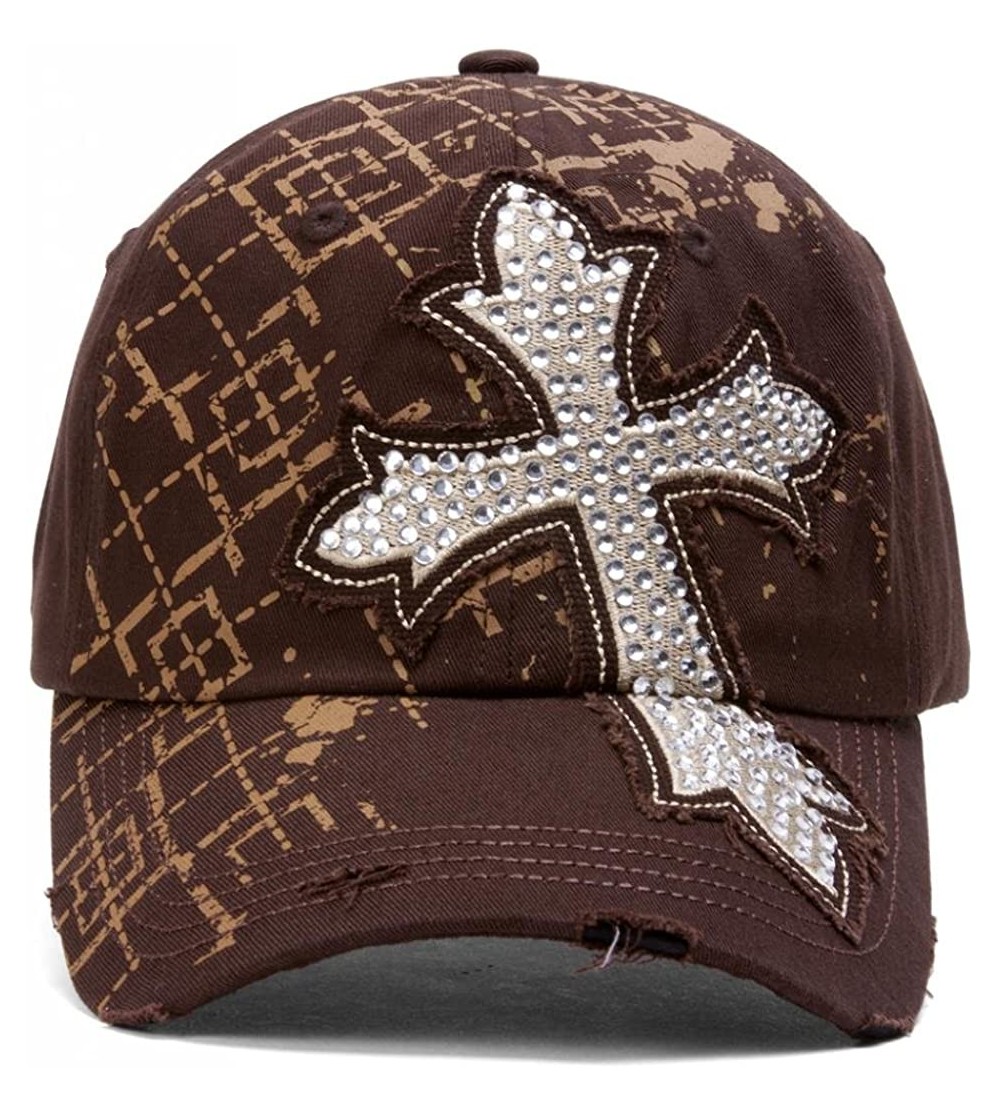 Newsboy Caps Beaded Cross Distressed Adjustable Baseball Cap - Brown - CW11O3DUYCB $14.28