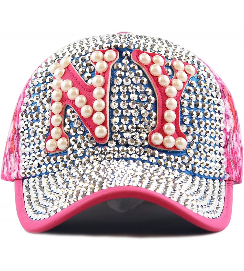 Baseball Caps New York Crystal Studded Bling Floral Baseball Cap - Fuchsia - CG125ET99D7 $15.32