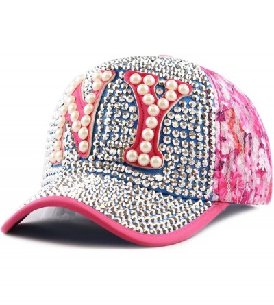 Baseball Caps New York Crystal Studded Bling Floral Baseball Cap - Fuchsia - CG125ET99D7 $15.32