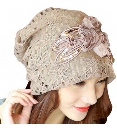 Skullies & Beanies Womens Lace Flower Beanie Hat Slouchy Hip-hop Skull Cap Warm Turban - Khaki - CG1862D6MG5 $8.81