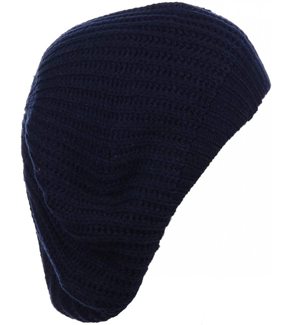 Berets Ladies Winter Solid Chic Slouchy Ribbed Crochet Knit Beret Beanie Hat W/WO Flower Adornment - Navy - CT12N8NBLLW $10.35