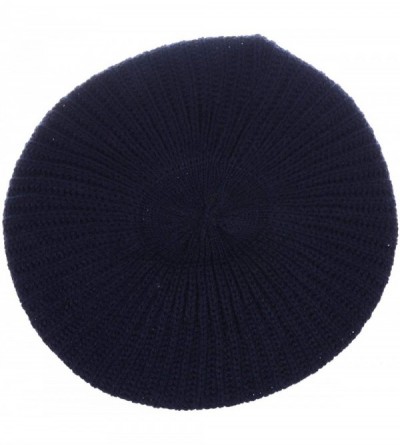 Berets Ladies Winter Solid Chic Slouchy Ribbed Crochet Knit Beret Beanie Hat W/WO Flower Adornment - Navy - CT12N8NBLLW $10.35