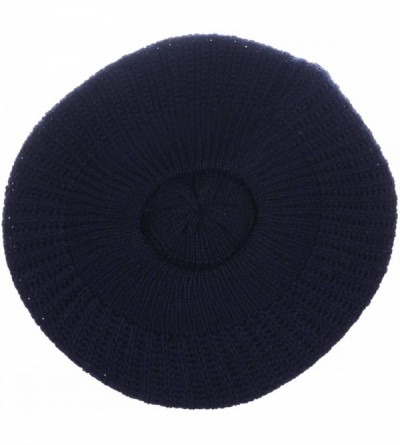 Berets Ladies Winter Solid Chic Slouchy Ribbed Crochet Knit Beret Beanie Hat W/WO Flower Adornment - Navy - CT12N8NBLLW $10.35