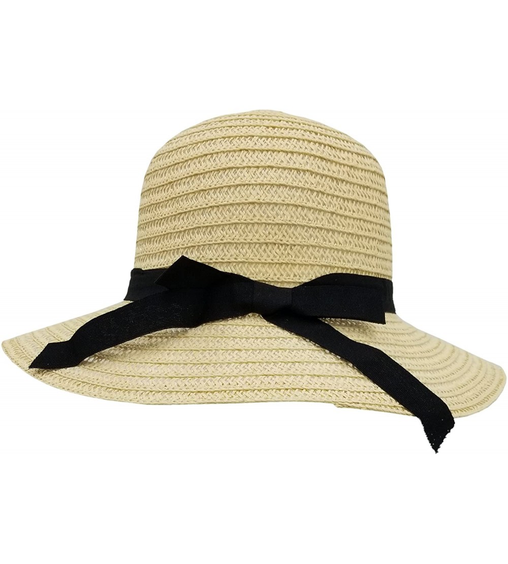 Sun Hats Sun Hats for Women- Woven Floppy Beach Woven Summer Spring Straw Hat - Ribbon Bow - Tan - C718E666GZD $19.96