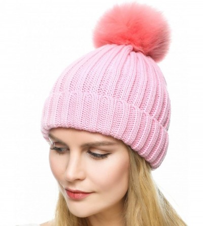 Skullies & Beanies Womens Girls Winter Fur Hat Large Faux Fur Pom Pom Slouchy Beanie Hats - Hot Pink(pink Pompom) - CR193RANU...