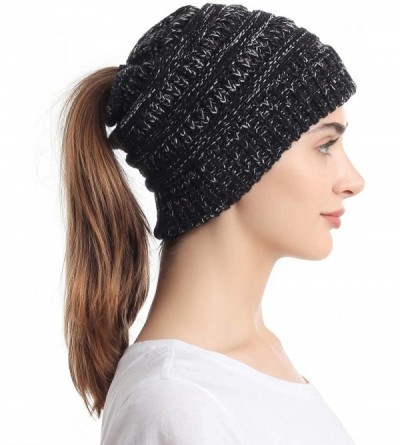 Skullies & Beanies Ponytail Messy Bun Beanie Tail Knit Hole Soft Stretch Cable Winter Hat for Women - 3 Tone Black - C418X4Z2...