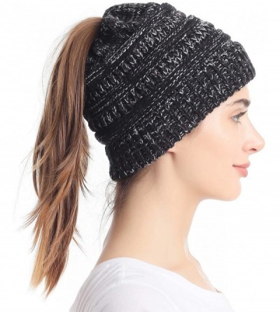 Skullies & Beanies Ponytail Messy Bun Beanie Tail Knit Hole Soft Stretch Cable Winter Hat for Women - 3 Tone Black - C418X4Z2...