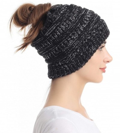 Skullies & Beanies Ponytail Messy Bun Beanie Tail Knit Hole Soft Stretch Cable Winter Hat for Women - 3 Tone Black - C418X4Z2...