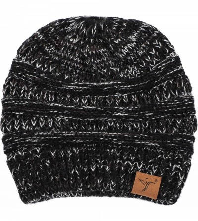 Skullies & Beanies Ponytail Messy Bun Beanie Tail Knit Hole Soft Stretch Cable Winter Hat for Women - 3 Tone Black - C418X4Z2...