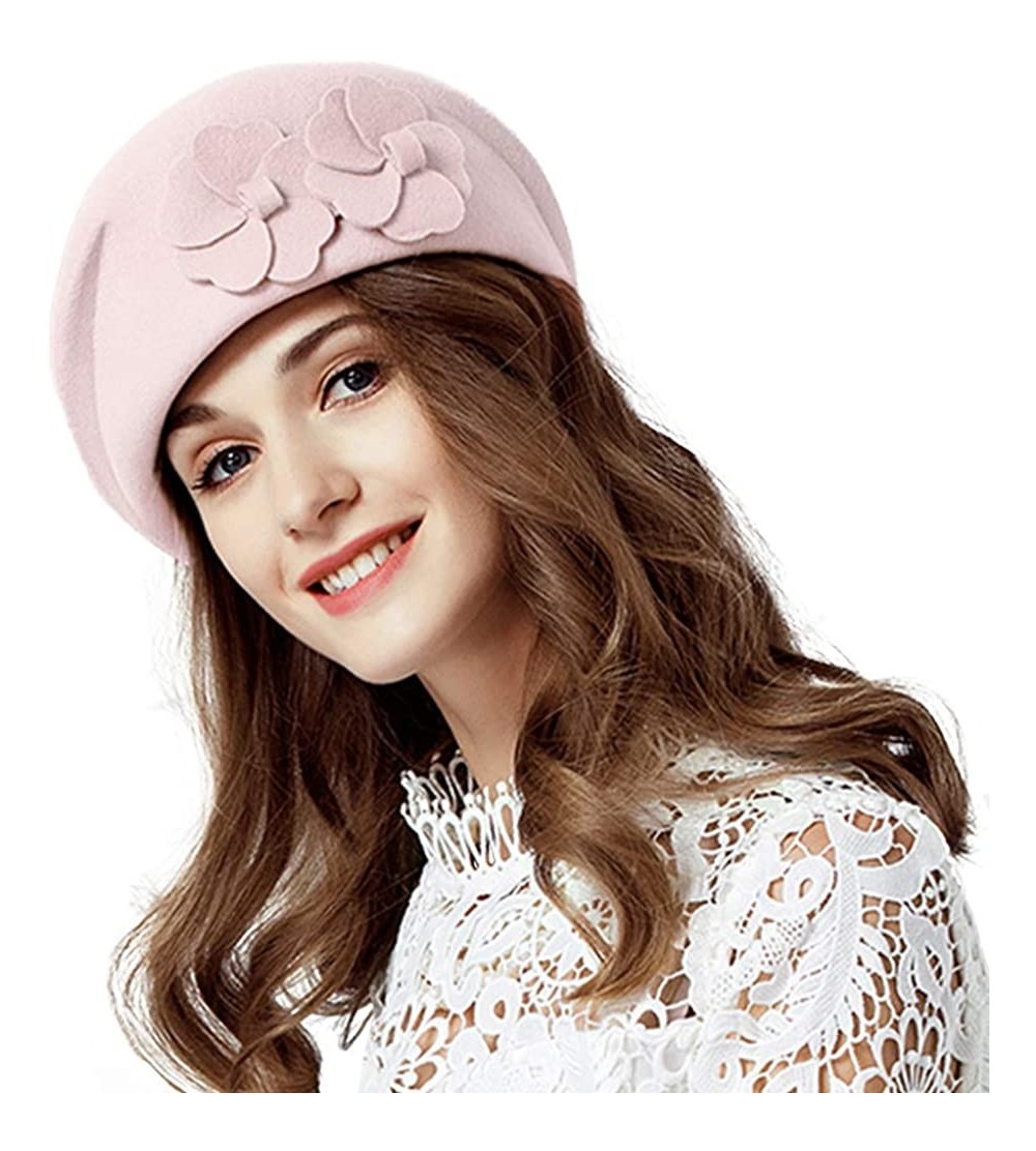 Berets Women Flower Pillbox Hat Autumn Winter Vintage Beanie Beret Cap - Pink - CW18NH5MRXO $23.39