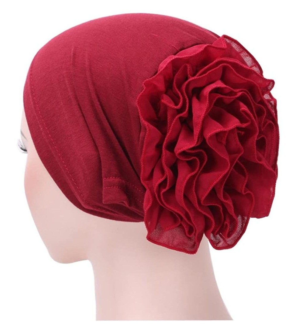 Skullies & Beanies Women Flower Muslim Ruffle Cancer Chemo Hat Beanie Turban Head Wrap Cap - Wine - CE187A6GYZS $9.90