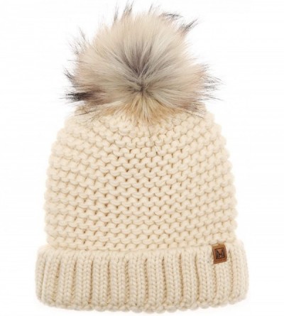 Skullies & Beanies Women's Double Purl Knitted Beanie Hat- Soft Warm Cable Knitted Winter Hat with Faux Fur Pom Pom - Ivory -...