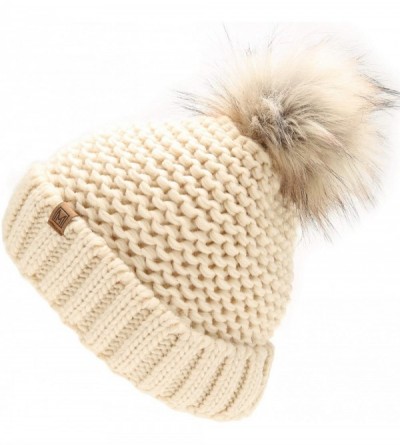 Skullies & Beanies Women's Double Purl Knitted Beanie Hat- Soft Warm Cable Knitted Winter Hat with Faux Fur Pom Pom - Ivory -...