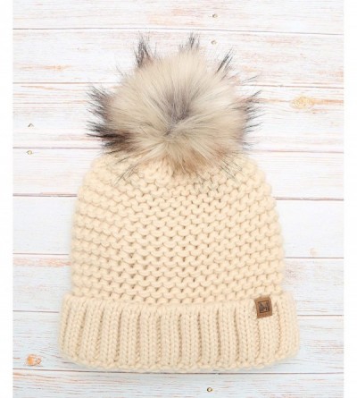 Skullies & Beanies Women's Double Purl Knitted Beanie Hat- Soft Warm Cable Knitted Winter Hat with Faux Fur Pom Pom - Ivory -...