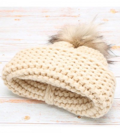 Skullies & Beanies Women's Double Purl Knitted Beanie Hat- Soft Warm Cable Knitted Winter Hat with Faux Fur Pom Pom - Ivory -...