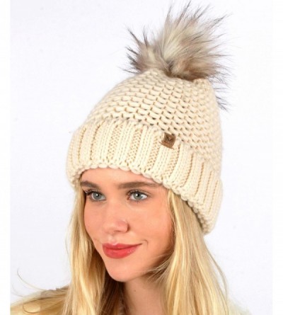 Skullies & Beanies Women's Double Purl Knitted Beanie Hat- Soft Warm Cable Knitted Winter Hat with Faux Fur Pom Pom - Ivory -...