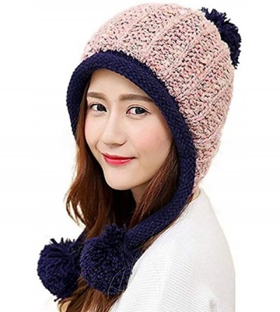 Skullies & Beanies Women Winter Soft Knitted Beanie Hat Ski Ear Flaps Caps for Girls Warm Hats - Pink - CS188O5U8WO $17.76