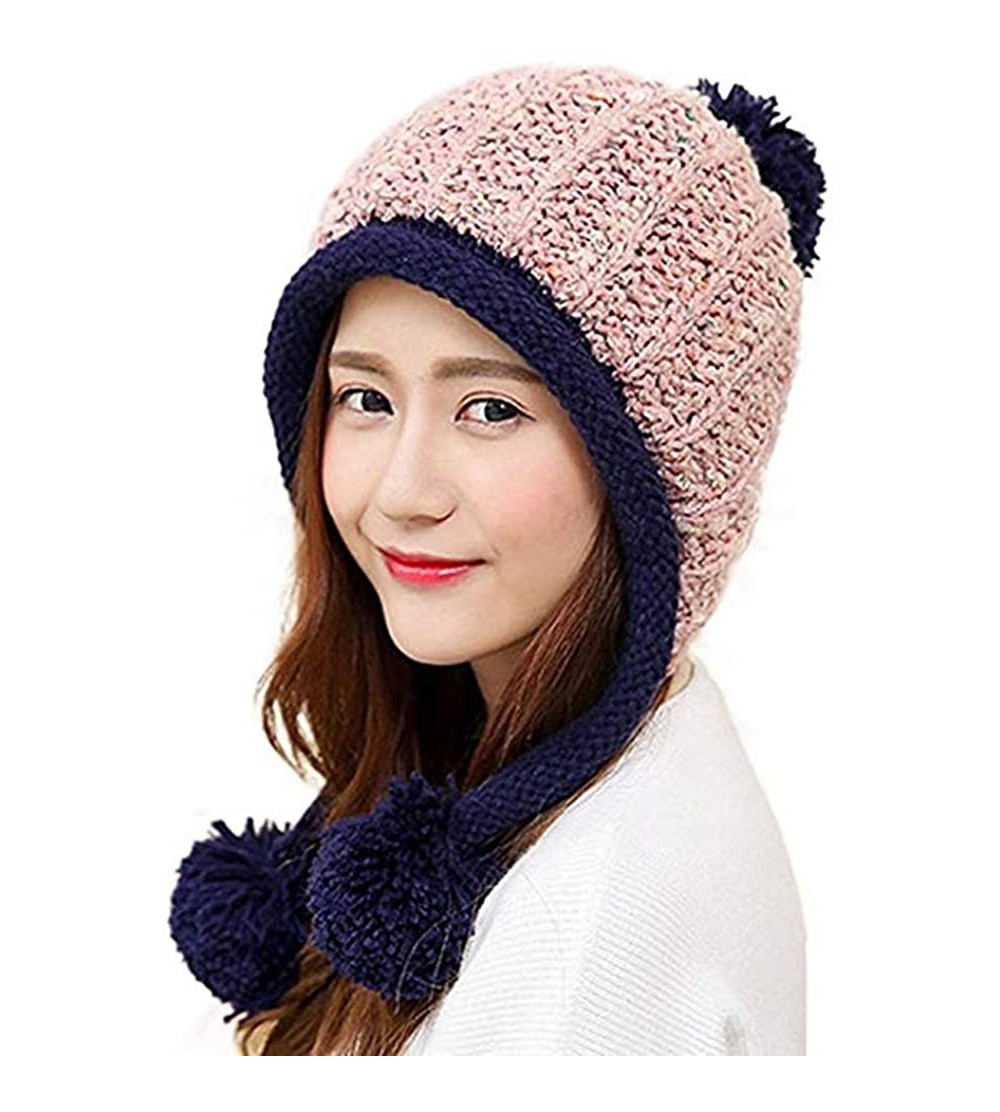 Skullies & Beanies Women Winter Soft Knitted Beanie Hat Ski Ear Flaps Caps for Girls Warm Hats - Pink - CS188O5U8WO $17.76