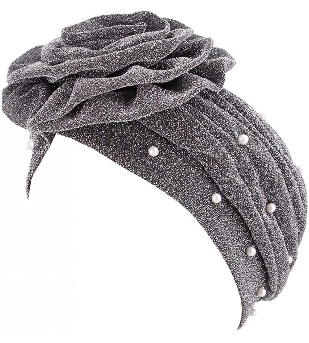 Skullies & Beanies African Printing Turban Cap Hairwrap Headwear Sleep Chemo Bonnet Hat Beanie for Women - Silver Shiny Turba...