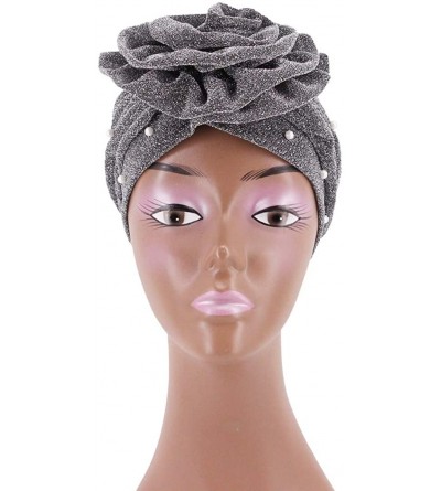 Skullies & Beanies African Printing Turban Cap Hairwrap Headwear Sleep Chemo Bonnet Hat Beanie for Women - Silver Shiny Turba...