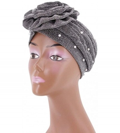 Skullies & Beanies African Printing Turban Cap Hairwrap Headwear Sleep Chemo Bonnet Hat Beanie for Women - Silver Shiny Turba...