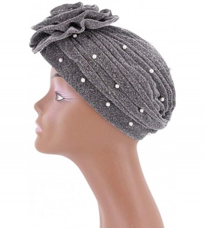 Skullies & Beanies African Printing Turban Cap Hairwrap Headwear Sleep Chemo Bonnet Hat Beanie for Women - Silver Shiny Turba...