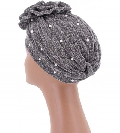 Skullies & Beanies African Printing Turban Cap Hairwrap Headwear Sleep Chemo Bonnet Hat Beanie for Women - Silver Shiny Turba...