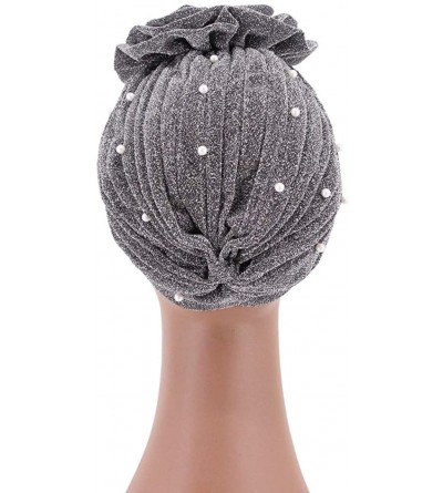 Skullies & Beanies African Printing Turban Cap Hairwrap Headwear Sleep Chemo Bonnet Hat Beanie for Women - Silver Shiny Turba...