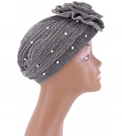 Skullies & Beanies African Printing Turban Cap Hairwrap Headwear Sleep Chemo Bonnet Hat Beanie for Women - Silver Shiny Turba...