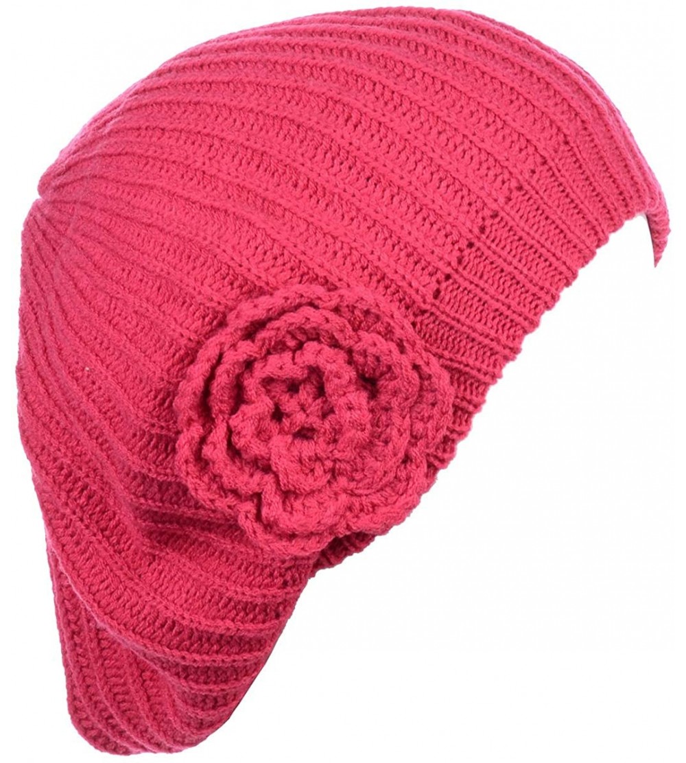 Berets Ladies Winter Solid Chic Slouchy Ribbed Crochet Knit Beret Beanie Hat W/WO Flower Adornment - Jh657-fuchsia - CR12NYRL...