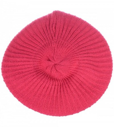 Berets Ladies Winter Solid Chic Slouchy Ribbed Crochet Knit Beret Beanie Hat W/WO Flower Adornment - Jh657-fuchsia - CR12NYRL...