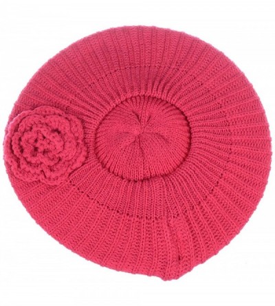Berets Ladies Winter Solid Chic Slouchy Ribbed Crochet Knit Beret Beanie Hat W/WO Flower Adornment - Jh657-fuchsia - CR12NYRL...