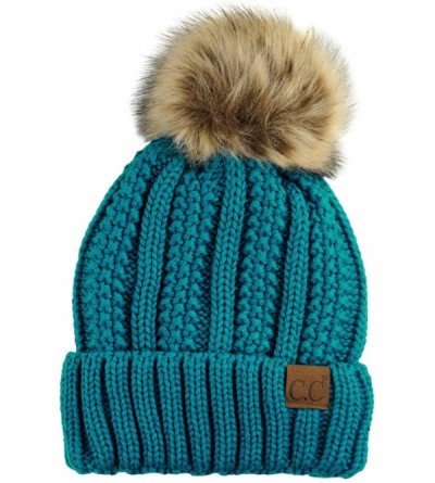 Skullies & Beanies Thick Cable Knit Faux Fuzzy Fur Pom Fleece Lined Skull Cap Cuff Beanie - Teal - CE185IQ3I4K $14.50