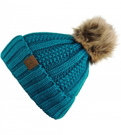 Skullies & Beanies Thick Cable Knit Faux Fuzzy Fur Pom Fleece Lined Skull Cap Cuff Beanie - Teal - CE185IQ3I4K $14.50
