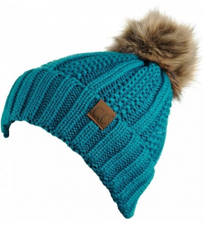 Skullies & Beanies Thick Cable Knit Faux Fuzzy Fur Pom Fleece Lined Skull Cap Cuff Beanie - Teal - CE185IQ3I4K $14.50