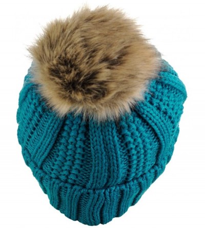 Skullies & Beanies Thick Cable Knit Faux Fuzzy Fur Pom Fleece Lined Skull Cap Cuff Beanie - Teal - CE185IQ3I4K $14.50