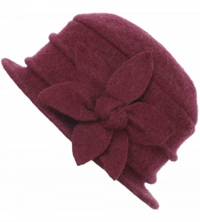 Bucket Hats Womens Winter Warm Wool Cloche Bucket Hat Slouch Wrinkled Beanie Cap with Flower - Flower-burgundy - C4183LR9W2R ...