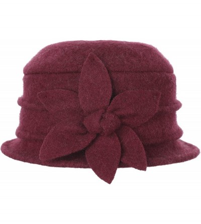 Bucket Hats Womens Winter Warm Wool Cloche Bucket Hat Slouch Wrinkled Beanie Cap with Flower - Flower-burgundy - C4183LR9W2R ...