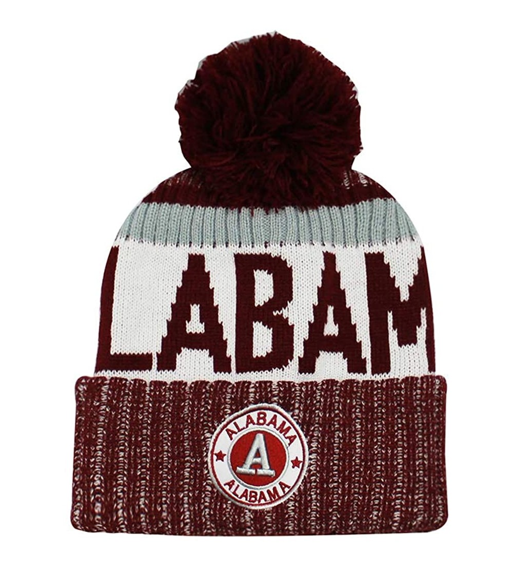 Skullies & Beanies Alabama Men's Winter Knit Landmark Patch Pom Beanie - Crimson/White - C618KNL8WDN $11.11